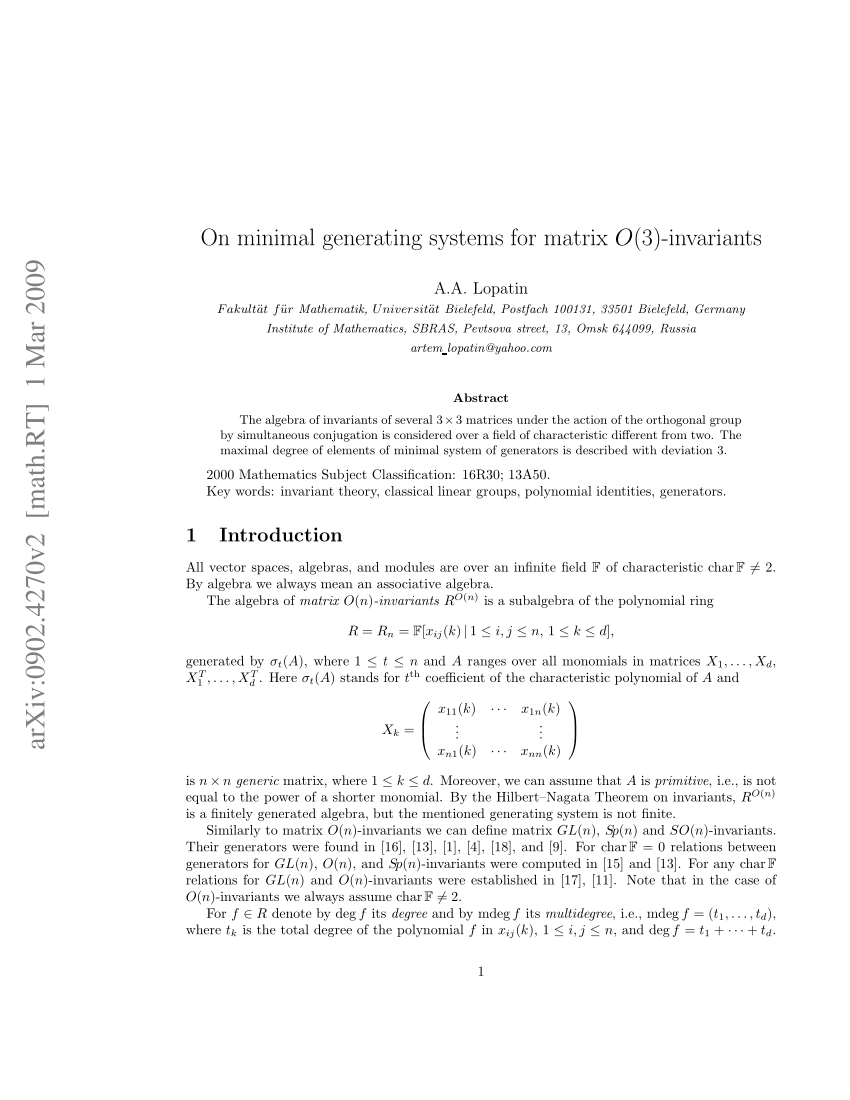 Pdf On Minimal Generating Systems For Matrix O 3 Invariants